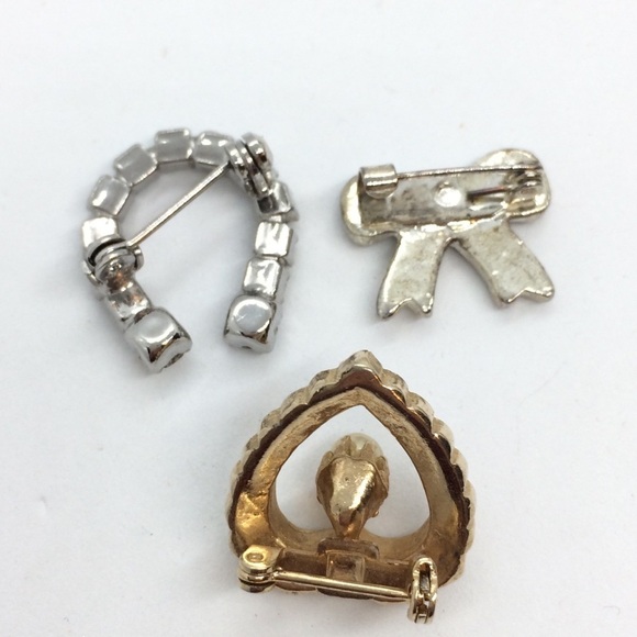 3/$30 BUNDLE VINTAGE HEART BOW HORSESHOE RHINESTONE PINS SET 3 SILVER GOLD TONE - Picture 5 of 6
